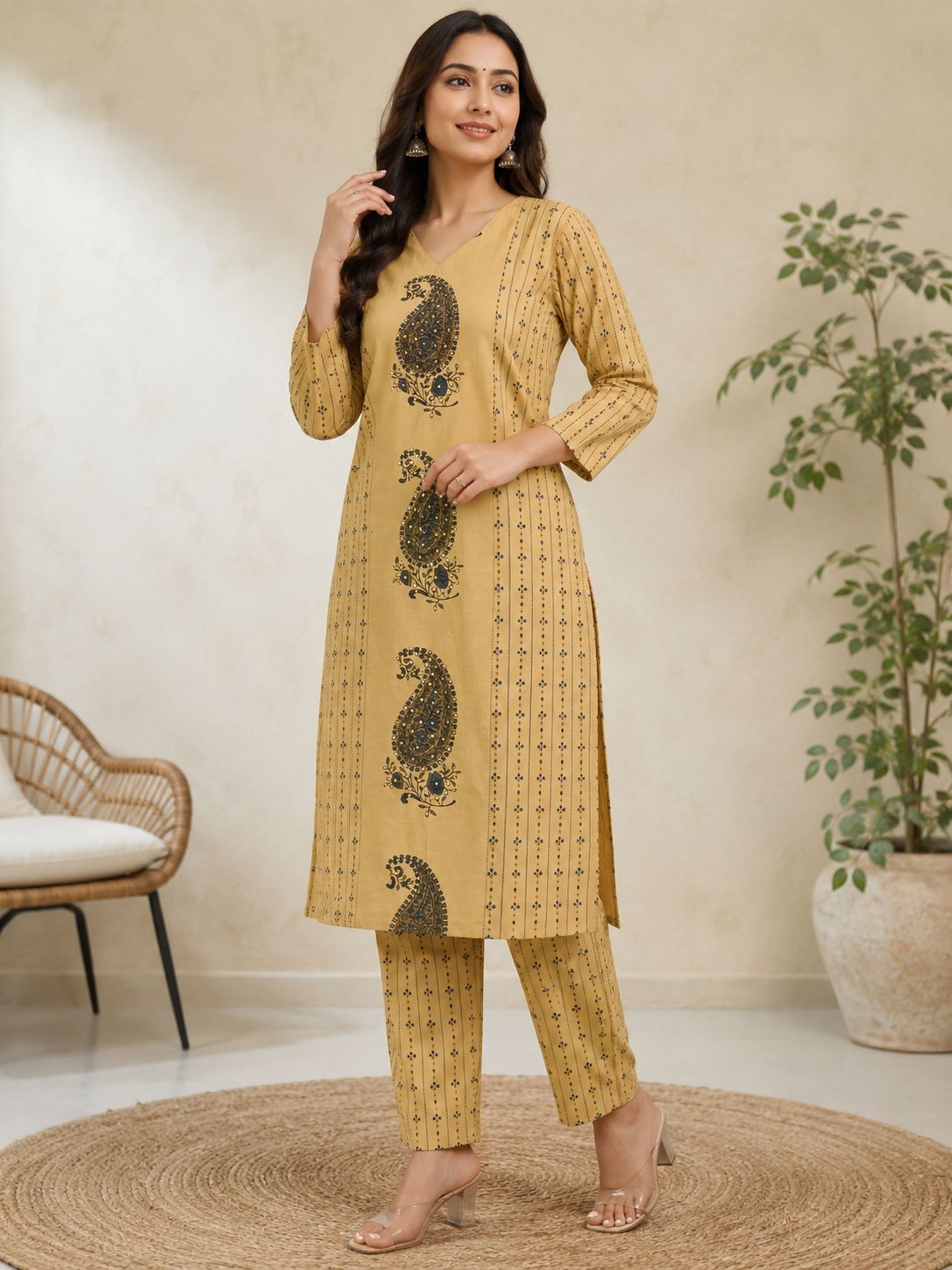 Elegant Beige and Blue Printed Cotton 2-Piece Kurti Set