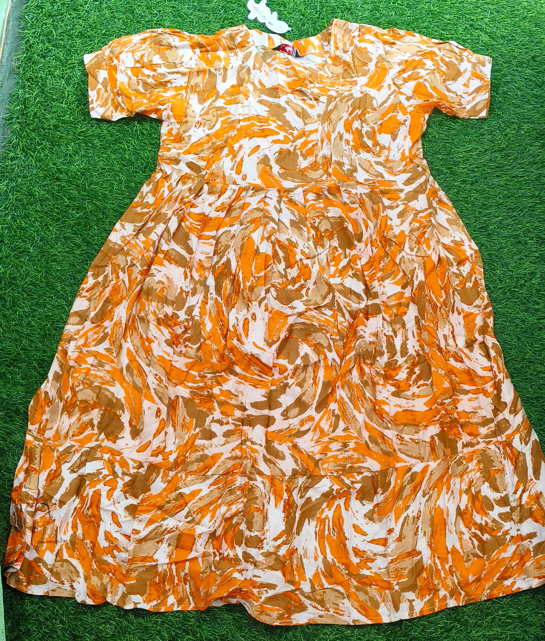 Vibrant Orange, Brown, and Off-White Abstract Print Cotton Single Piece Kurti