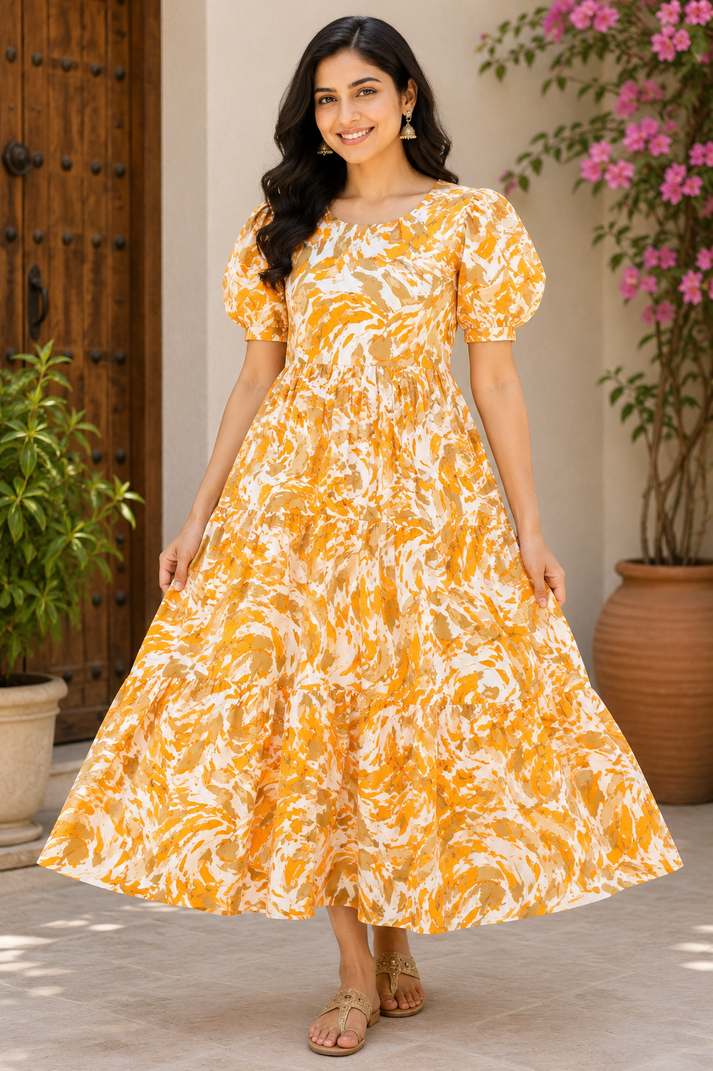 Vibrant Orange, Brown, and Off-White Abstract Print Cotton Single Piece Kurti