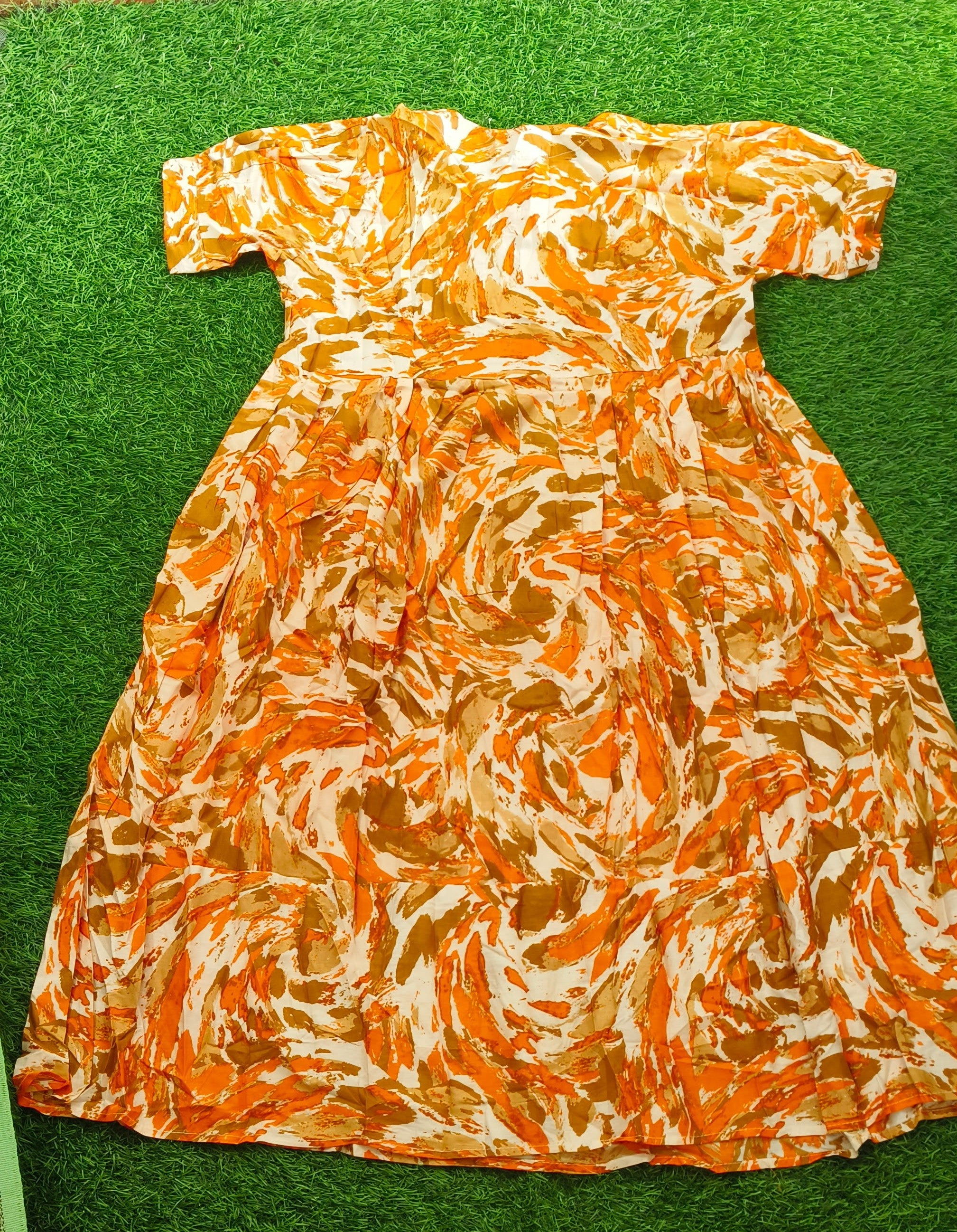 Vibrant Orange, Brown, and Off-White Abstract Print Cotton Single Piece Kurti