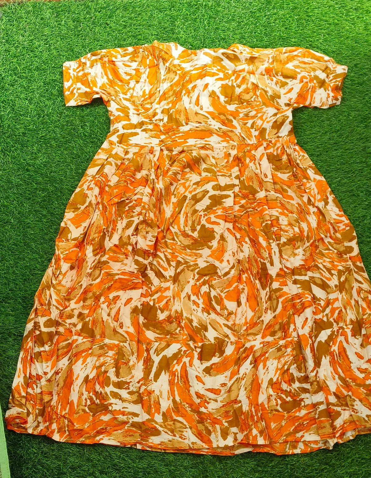 Vibrant Orange, Brown, and Off-White Abstract Print Cotton Single Piece Kurti