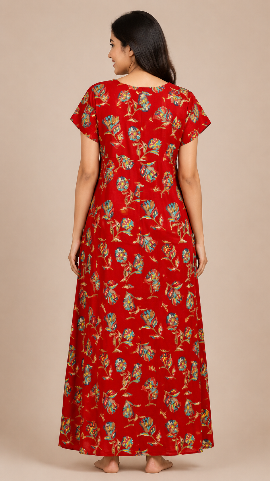 Women's wine red Floral Print Yoke Maxi Nighty Soft Cotton