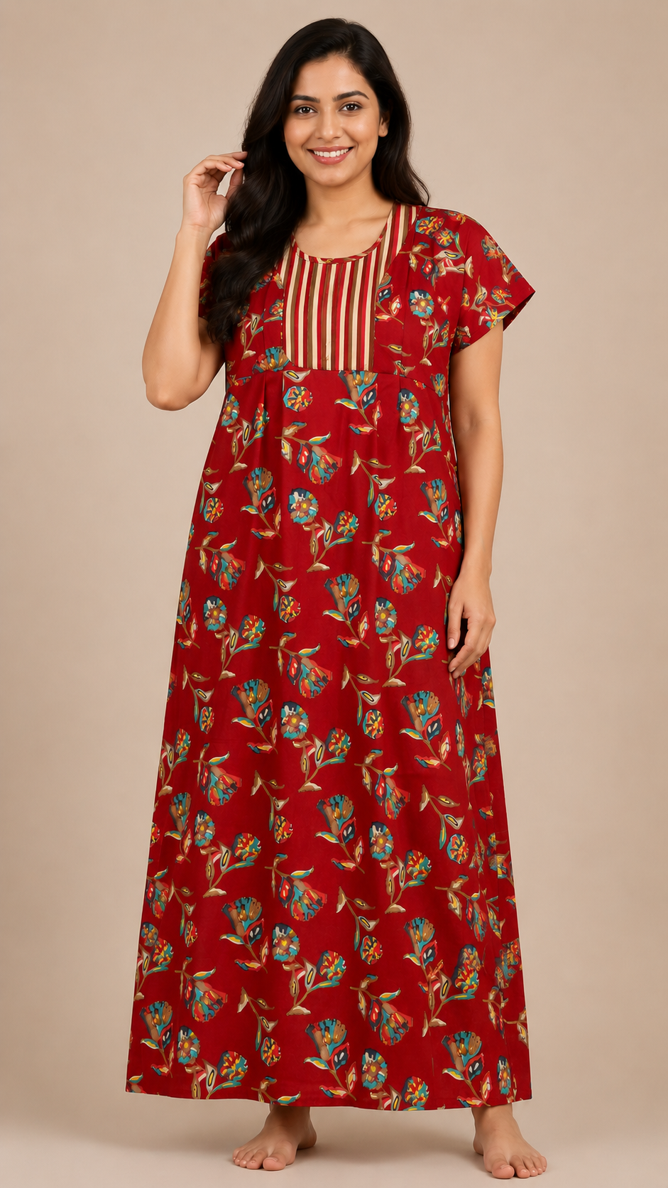 Women's wine red Floral Print Yoke Maxi Nighty Soft Cotton