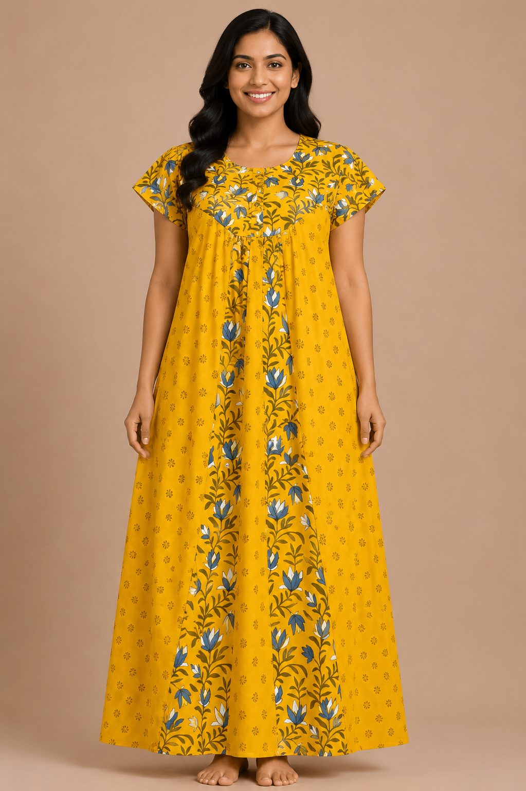 Women's Mustard Yellow Floral Print Maxi Nighty cotton Fabric