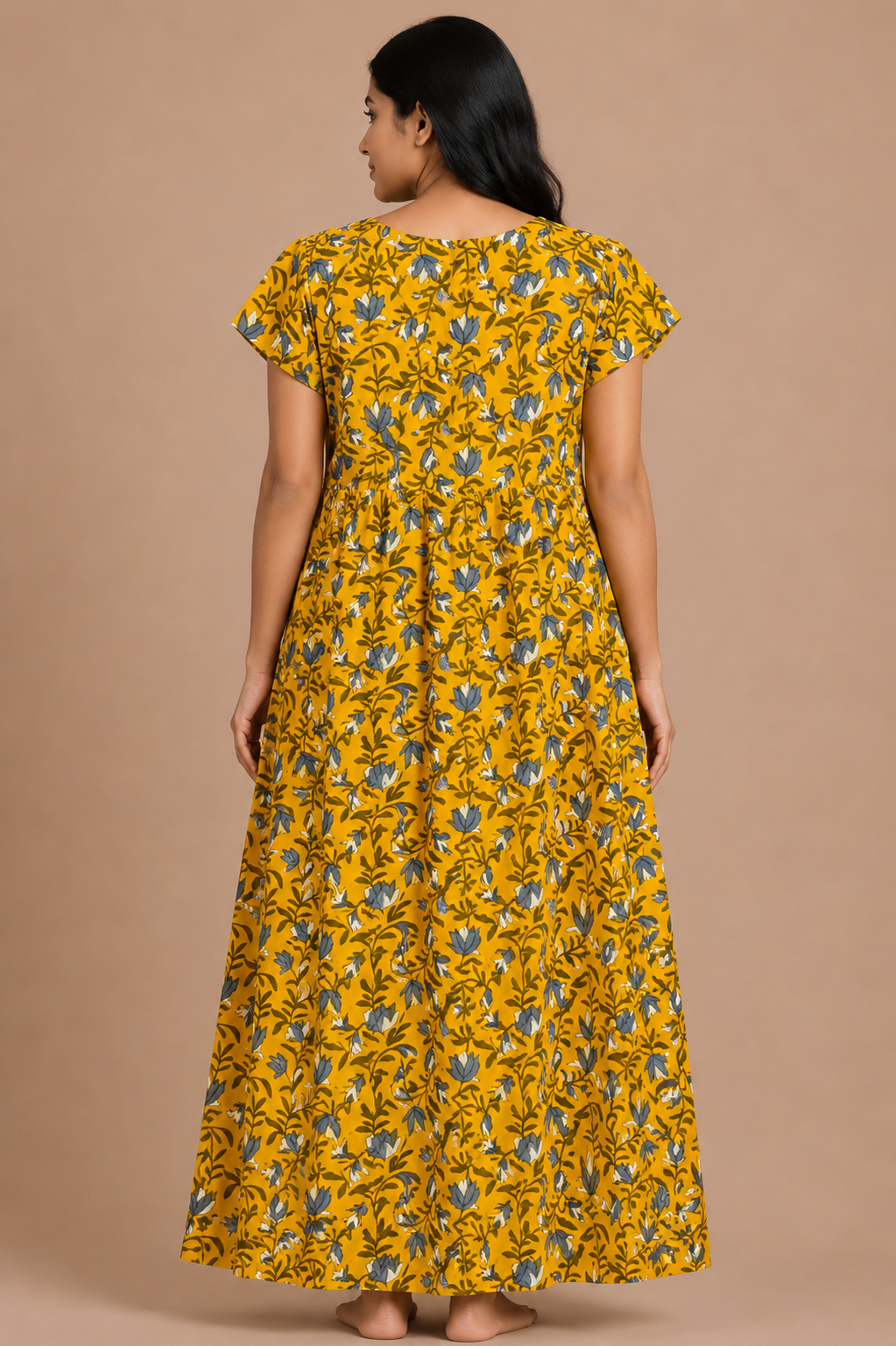 Women's Mustard Yellow Floral Print Maxi Nighty cotton Fabric
