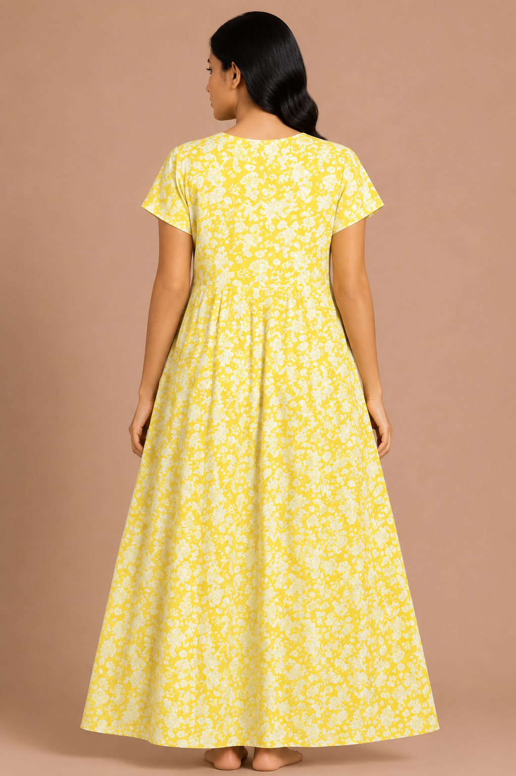 Women's Bright Yellow Floral Print Maxi Nighty cotton Fabric Front Open