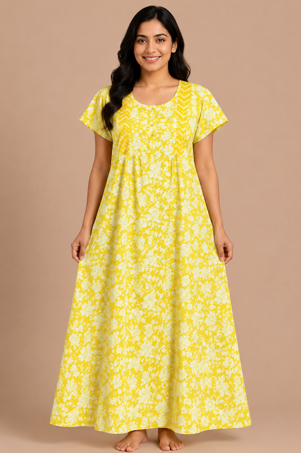 Women's Bright Yellow Floral Print Maxi Nighty cotton Fabric Front Open