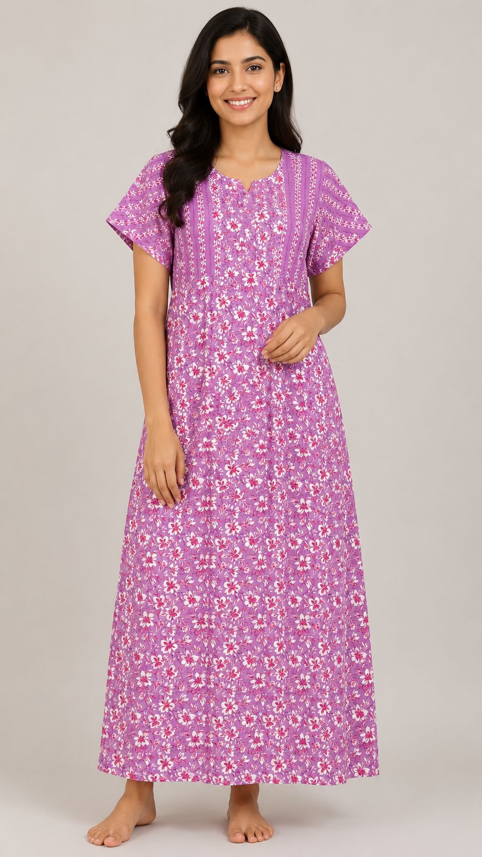 Women's Mauve Floral Print Maxi Nighty cotton Fabric Front Open