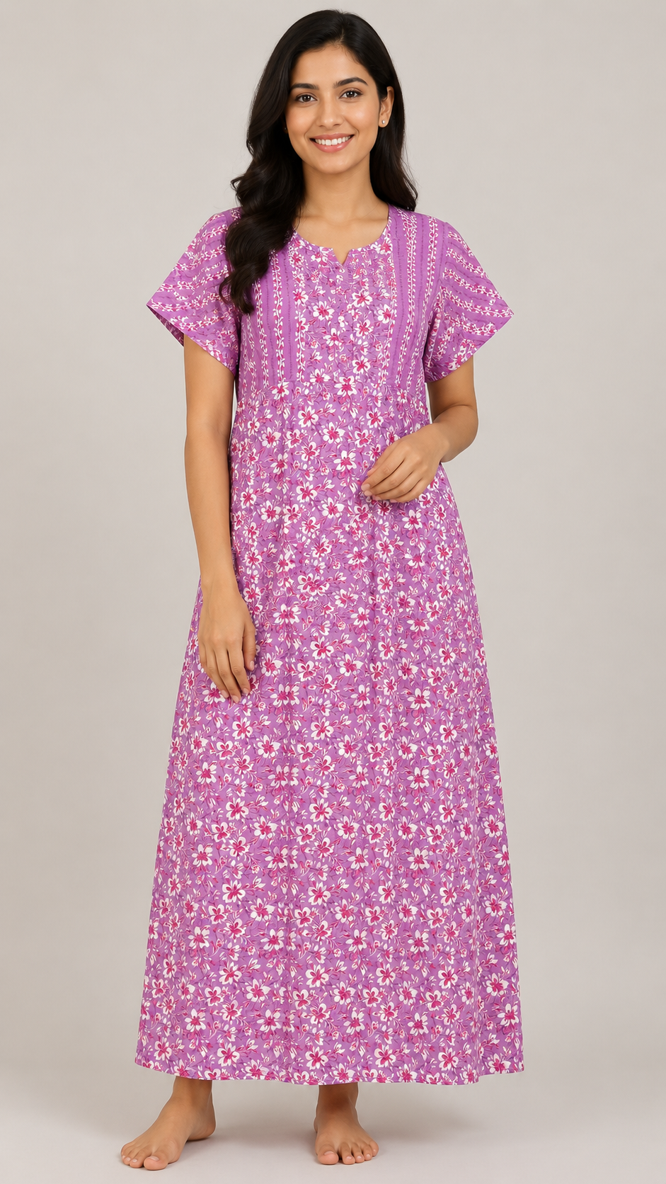 Women's Mauve Floral Print Maxi Nighty cotton Fabric Front Open