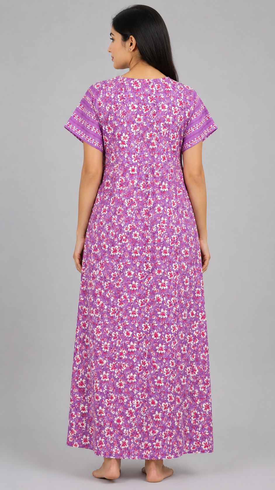 Women's Mauve Floral Print Maxi Nighty cotton Fabric Front Open