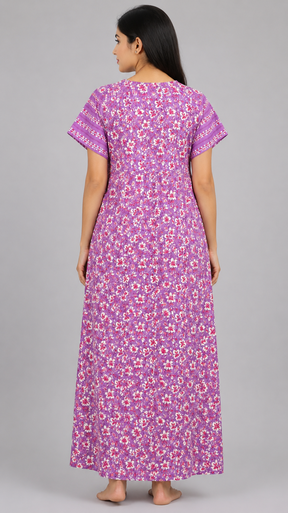 Women's Mauve Floral Print Maxi Nighty cotton Fabric Front Open