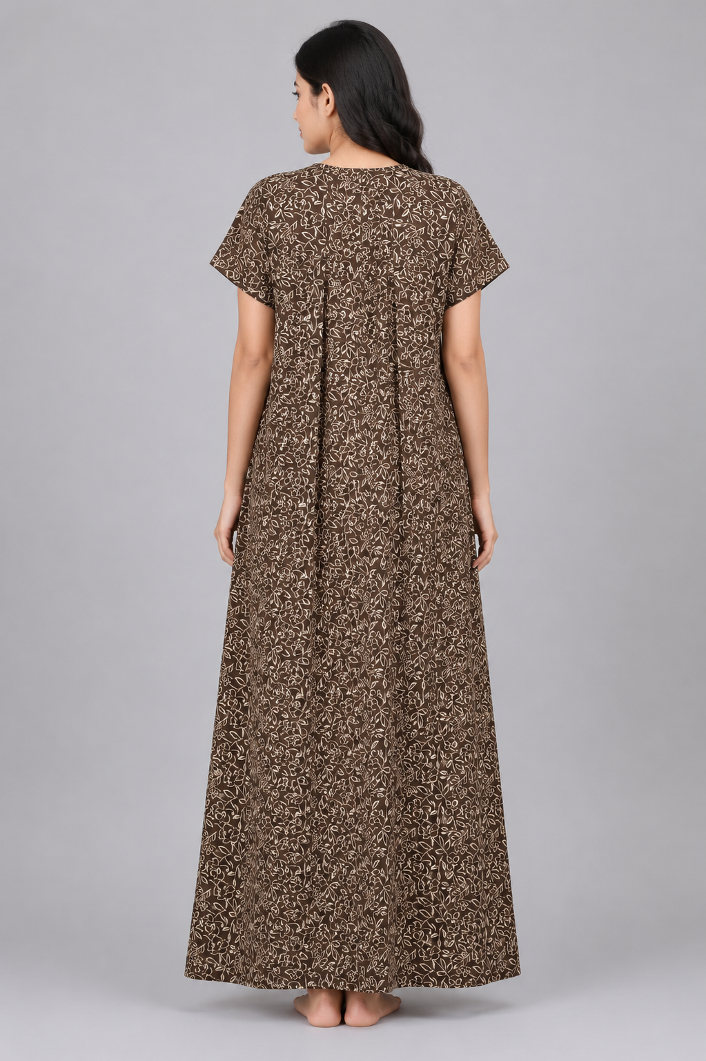 Women's Chocolate Brown Outline Floral Print Maxi Nighty Rayon Fabric Front Open