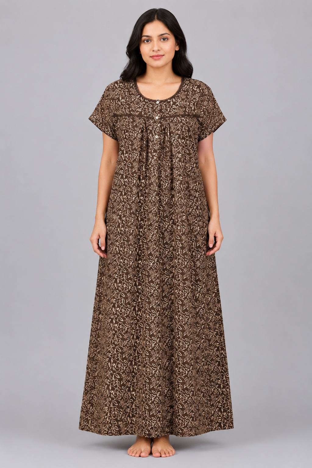 Women's Chocolate Brown Outline Floral Print Maxi Nighty Rayon Fabric Front Open