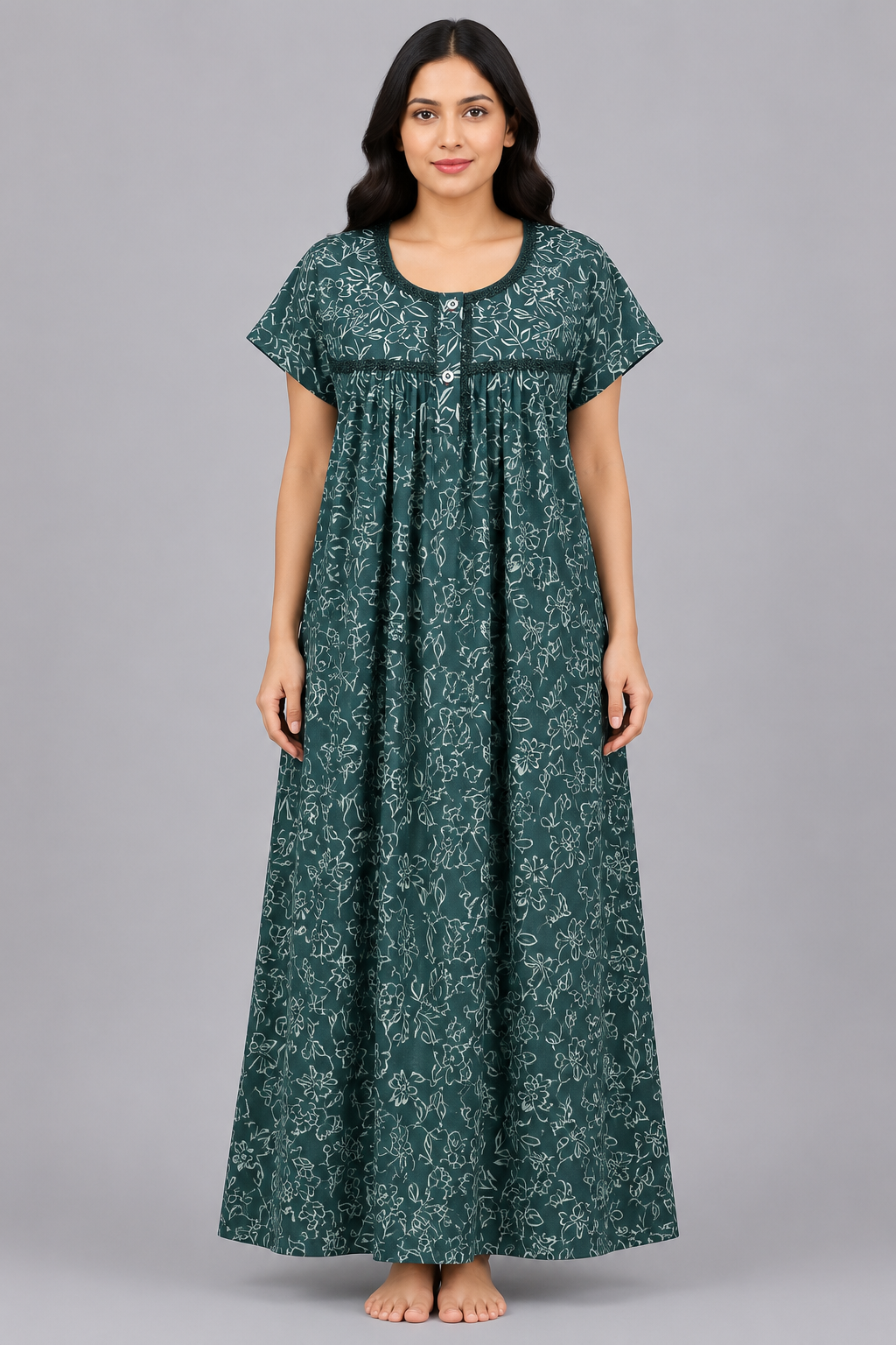 Women's dark teal green Outline Floral Print Maxi Nighty Rayon Fabric Front Open