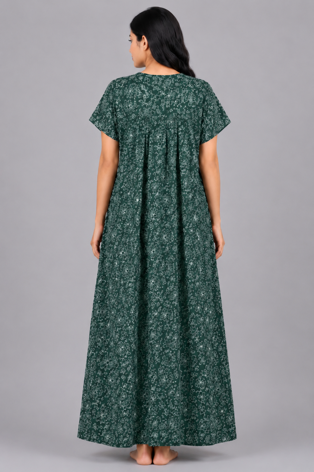 Women's dark teal green Outline Floral Print Maxi Nighty Rayon Fabric Front Open