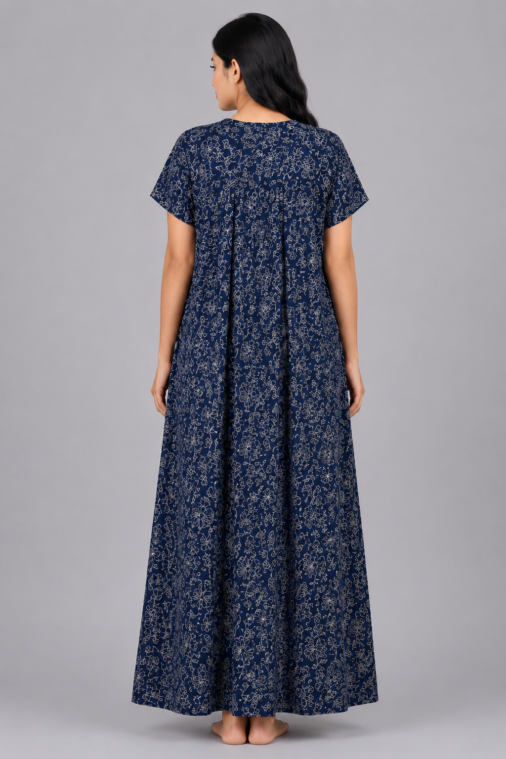 Women's navy blue Outline Floral Print Maxi Nighty Rayon Fabric Front Open