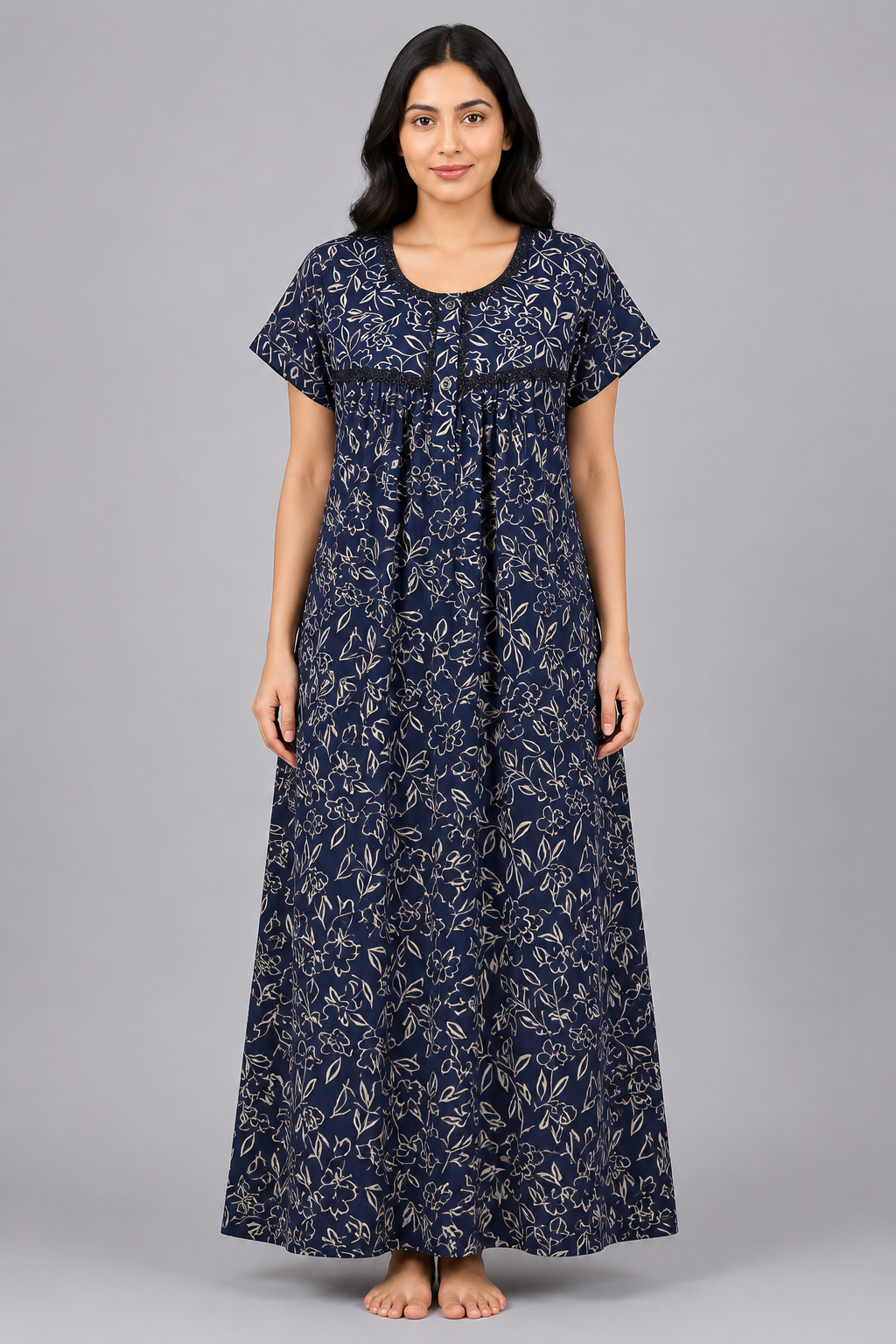 Women's navy blue Outline Floral Print Maxi Nighty Rayon Fabric Front Open
