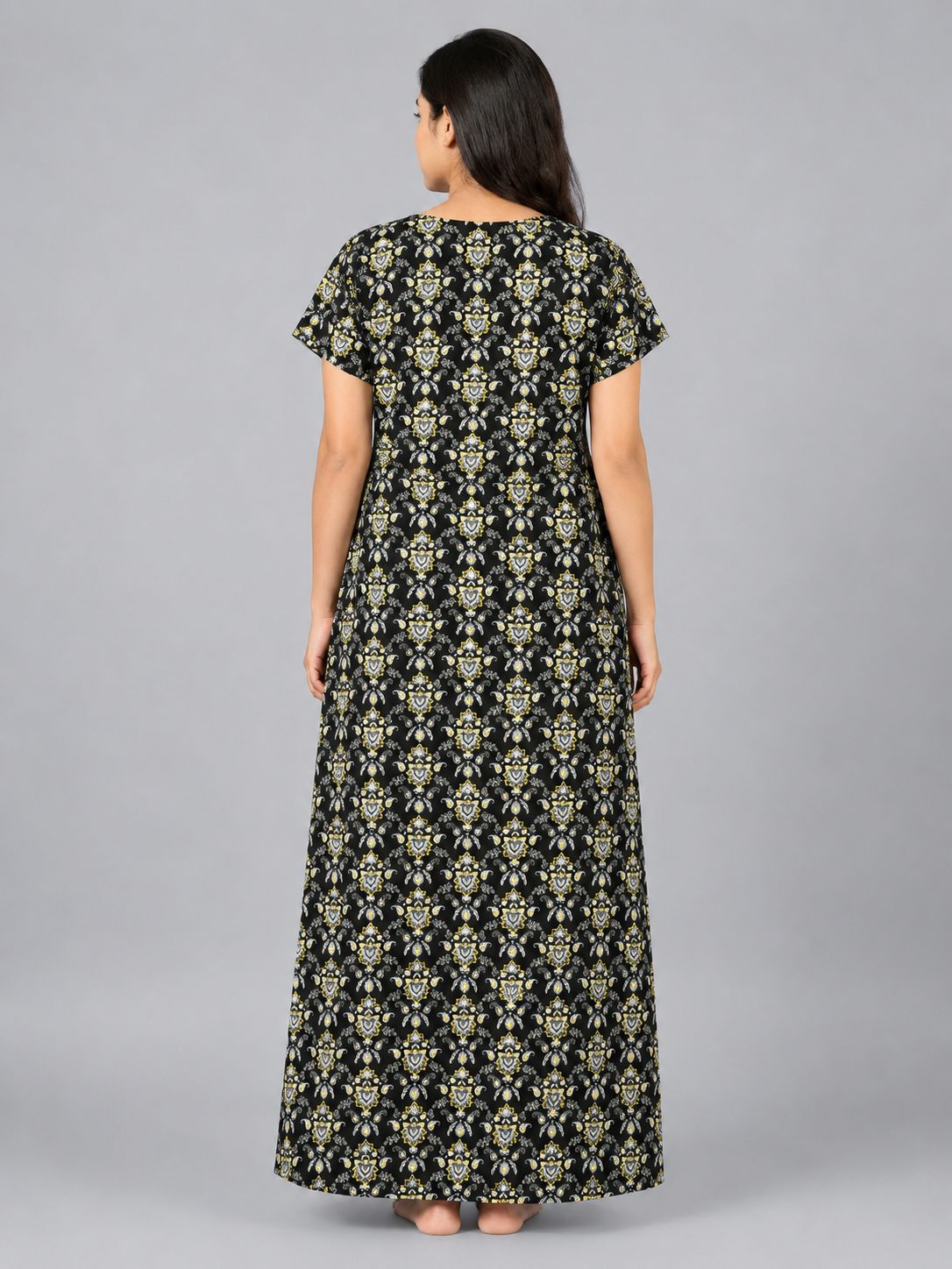 Women's Black Paisley Print Maxi Nighty Soft Cotton Front Open