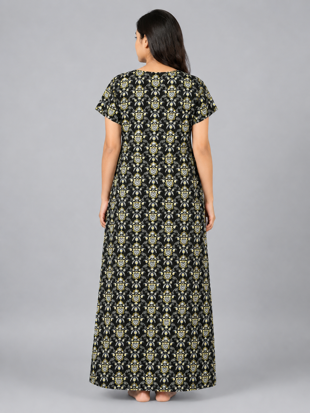 Women's Black Paisley Print Maxi Nighty Soft Cotton Front Open