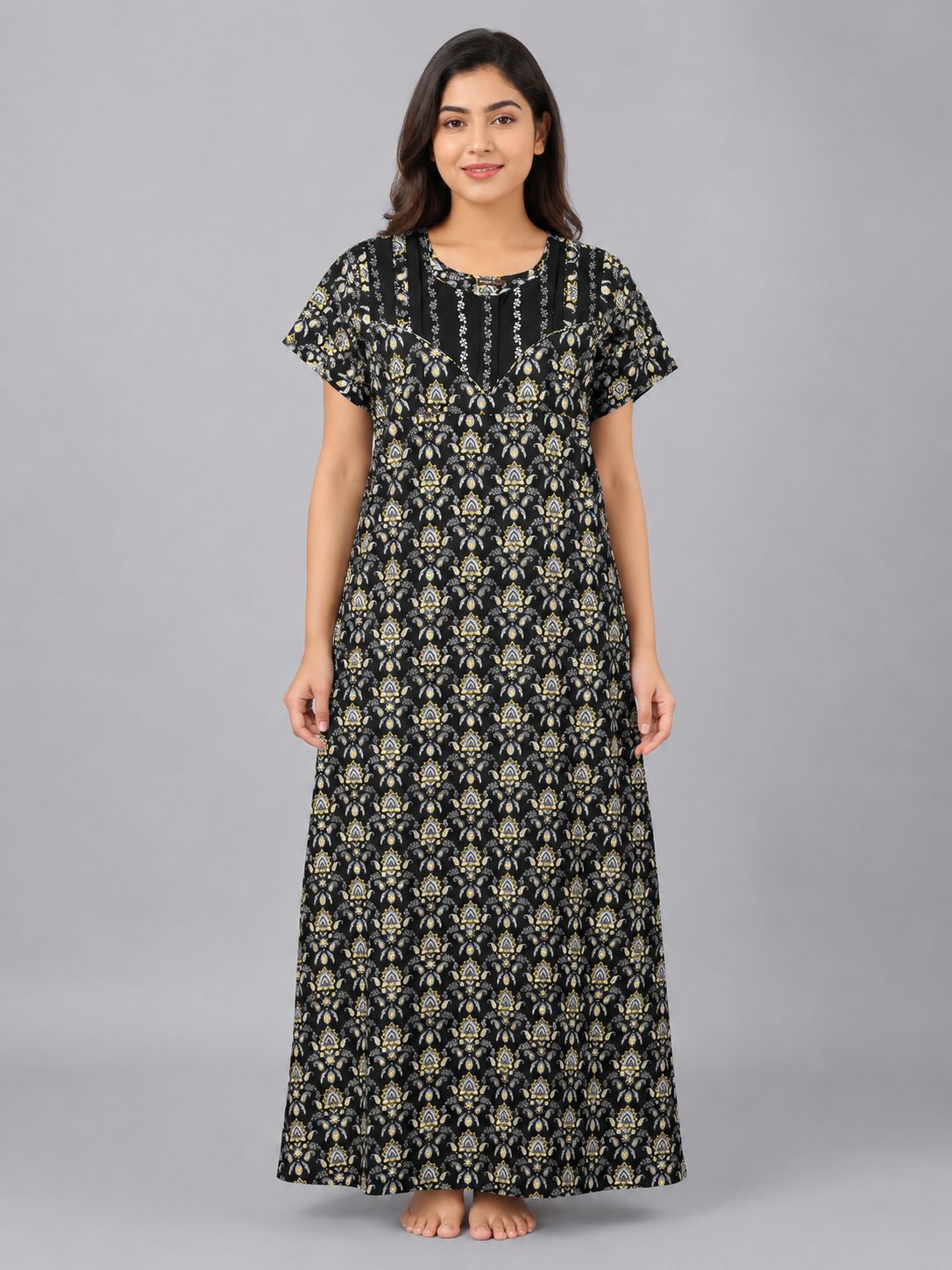 Women's Black Paisley Print Maxi Nighty Soft Cotton Front Open