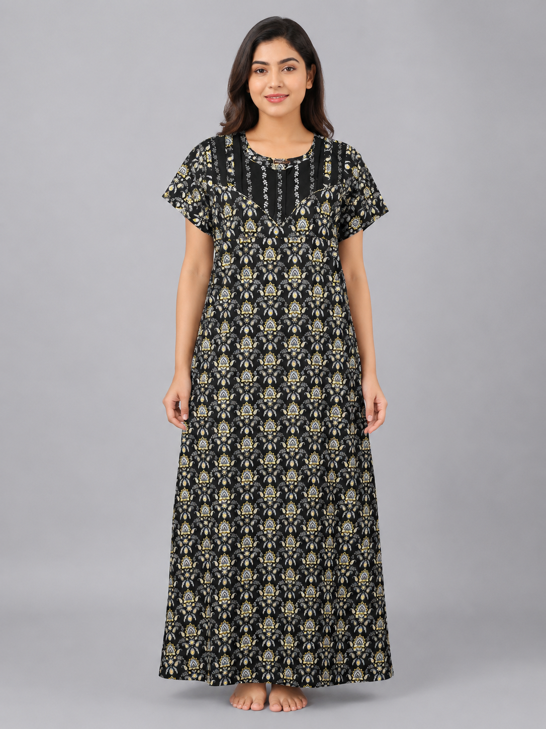 Women's Black Paisley Print Maxi Nighty Soft Cotton Front Open