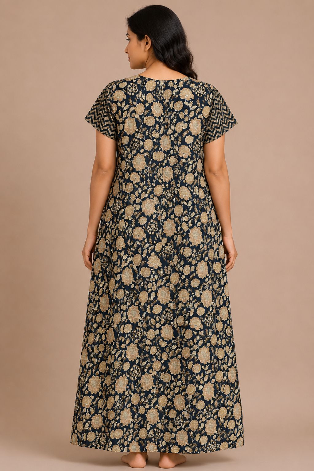 Women's Navy Blue Panel Print Maxi Nighty Soft Cotton