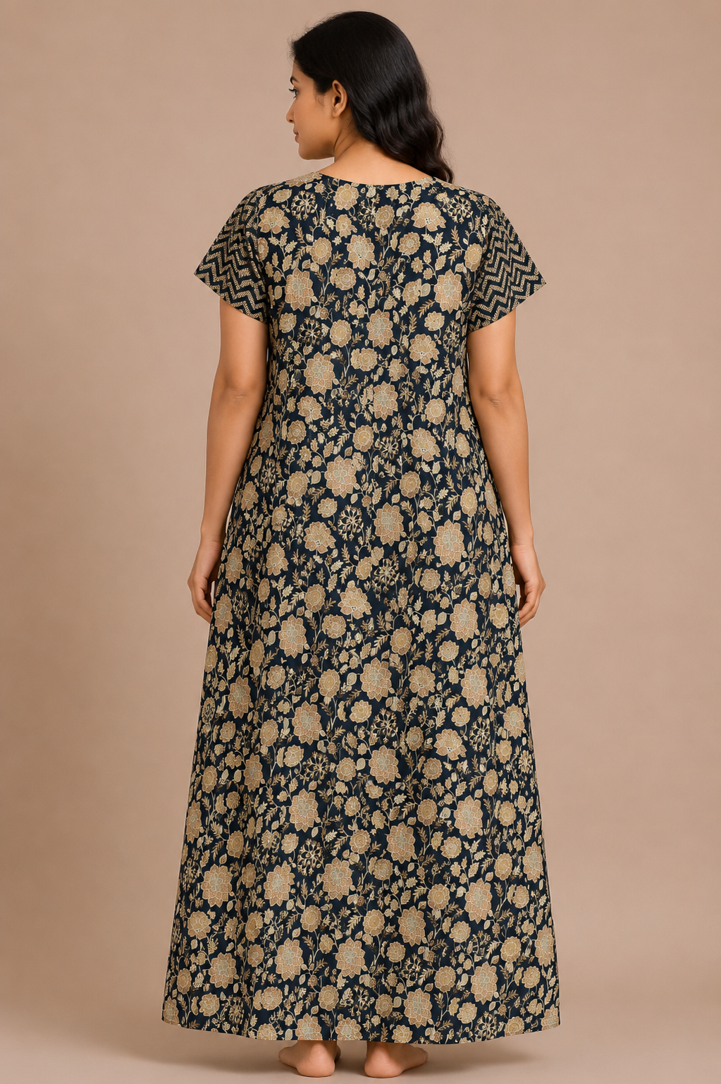 Women's Navy Blue Panel Print Maxi Nighty Soft Cotton