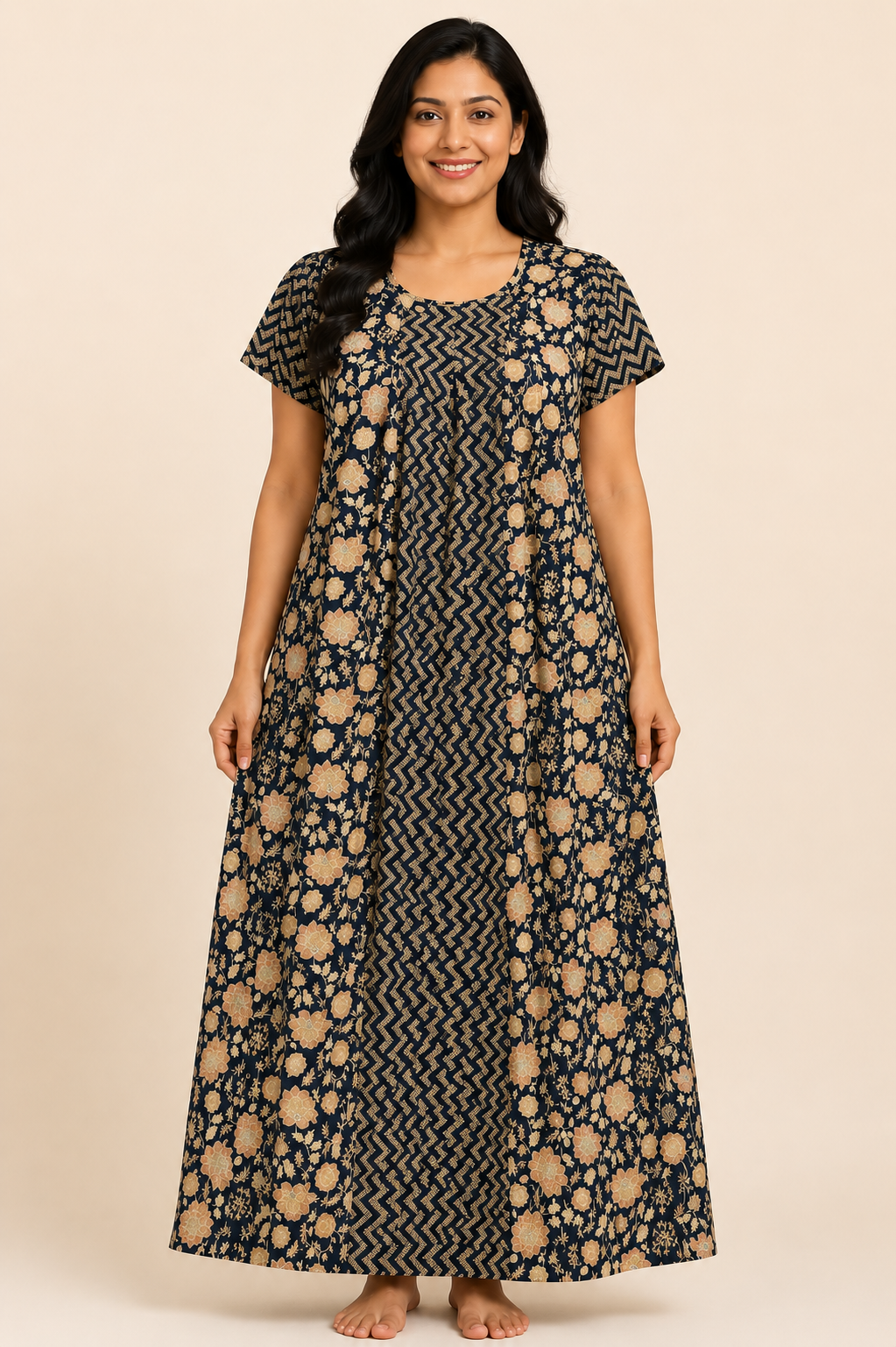 Women's Navy Blue Panel Print Maxi Nighty Soft Cotton