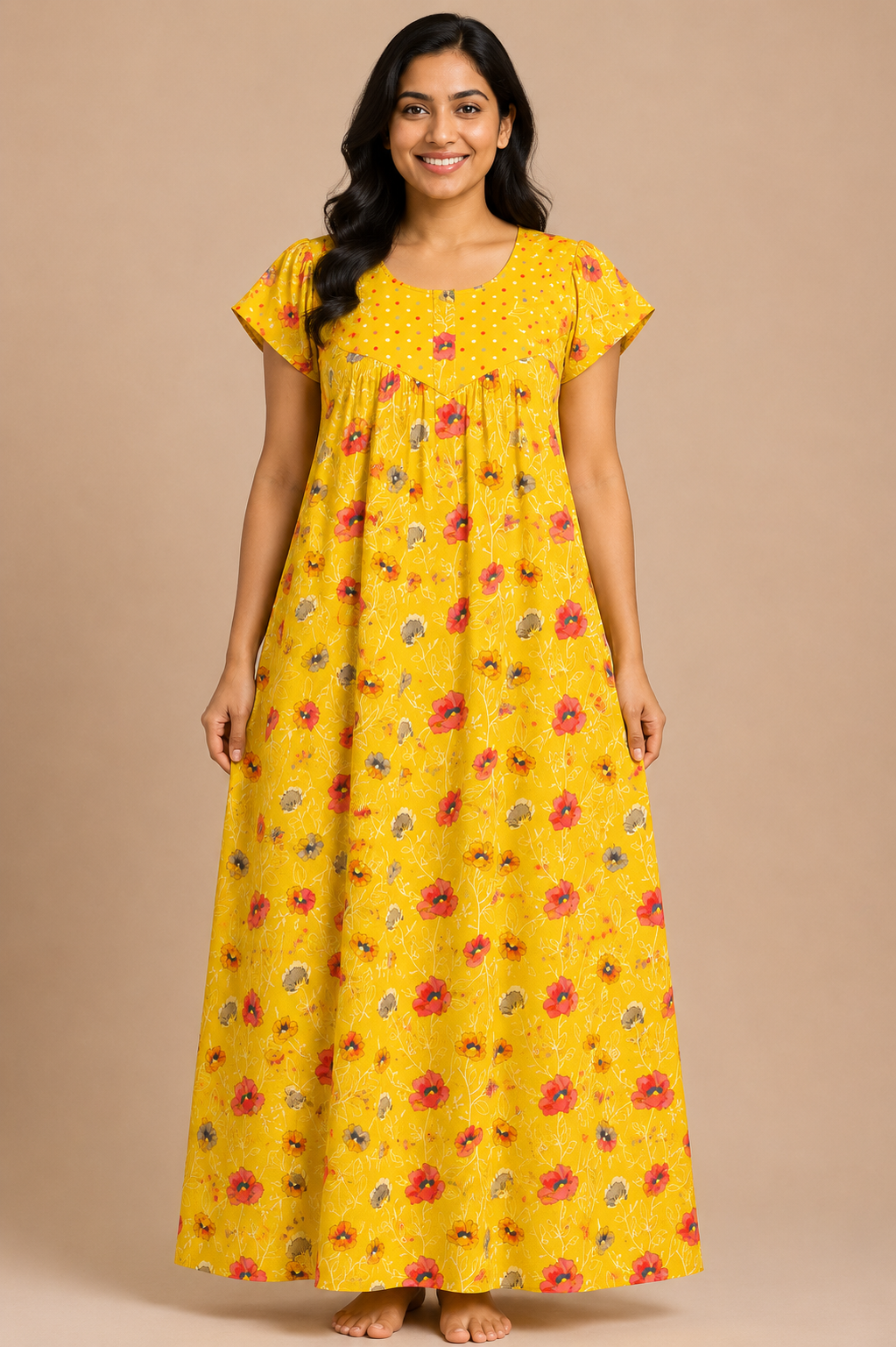 Women's Mustard Yellow Floral Print Maxi Nighty Soft Cotton