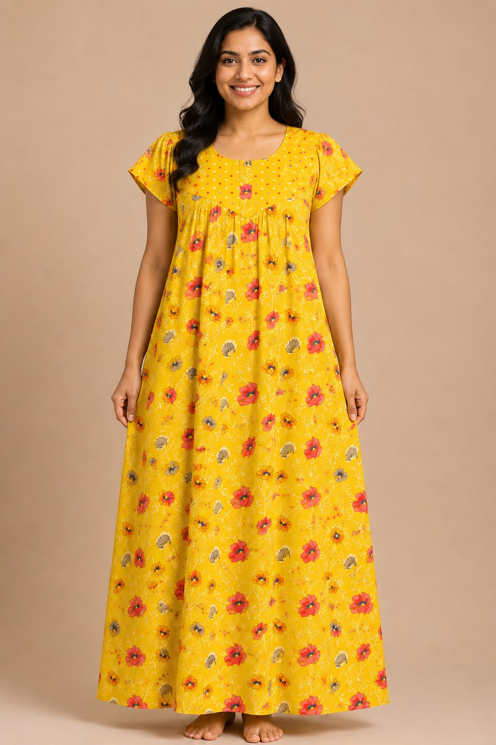 Women's Bright Yellow Floral Print Maxi Nighty Soft Cotton