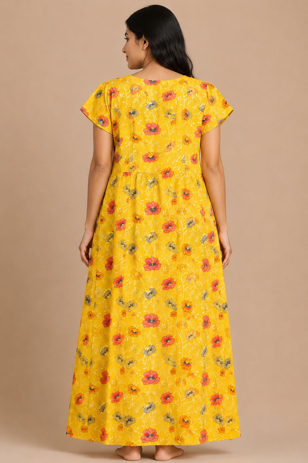 Women's Mustard Yellow Floral Print Maxi Nighty Soft Cotton