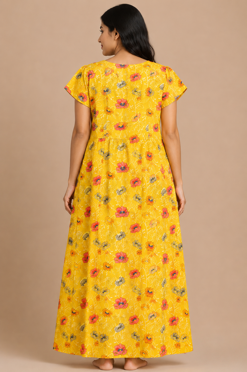 Women's Mustard Yellow Floral Print Maxi Nighty Soft Cotton