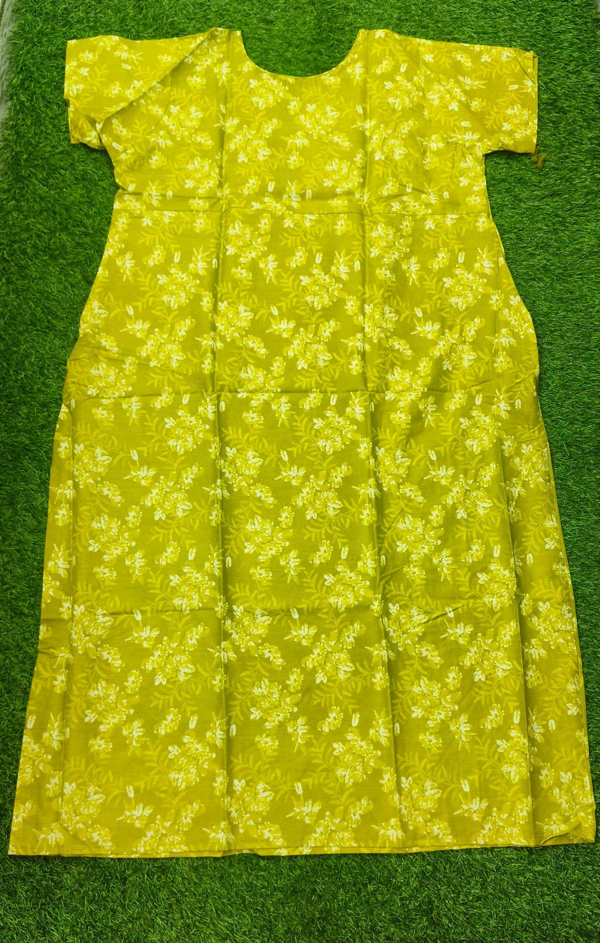 Women's dark olive green Floral Print Maxi Nighty cotton Fabric Embroidered Yoke