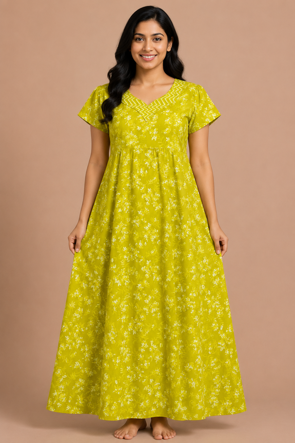 Women's Lime Green Floral Print Maxi Nighty Soft Cotton