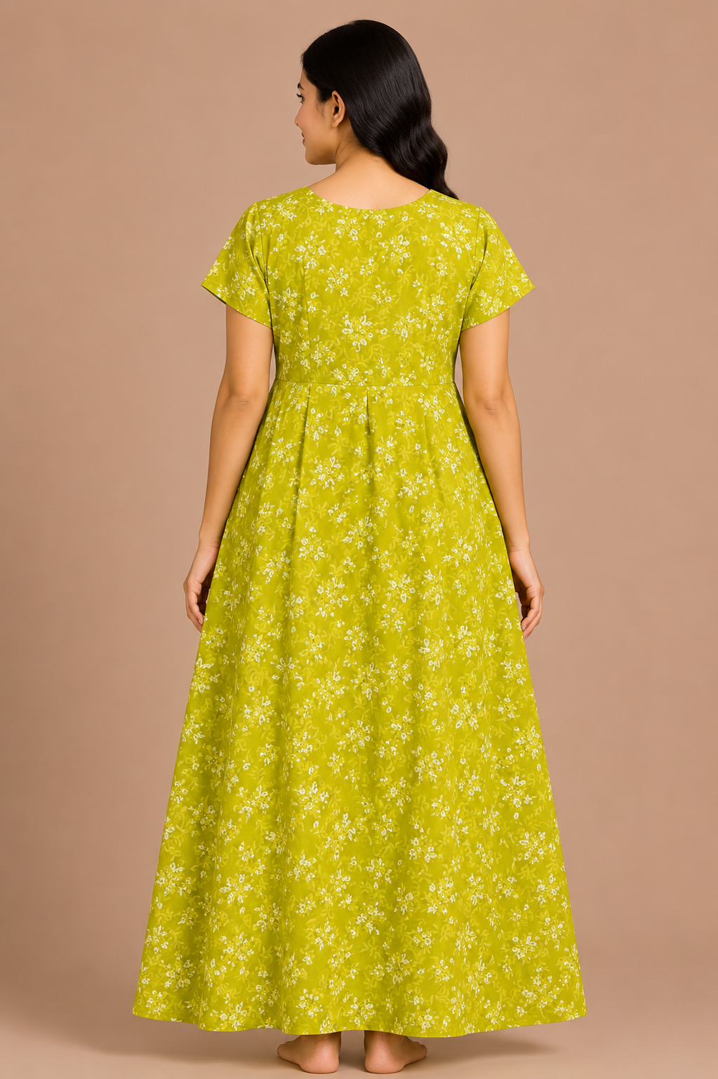 Women's Lime Green Floral Print Maxi Nighty Soft Cotton