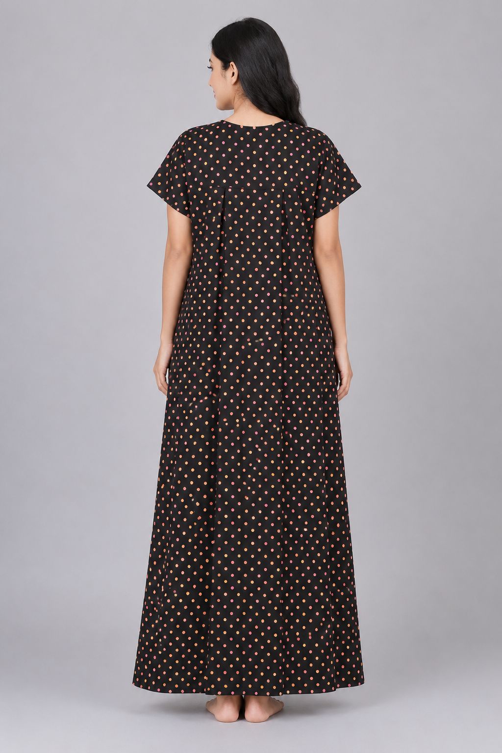Women's Black Geometric Print Collared Maxi Nighty Soft Cotton