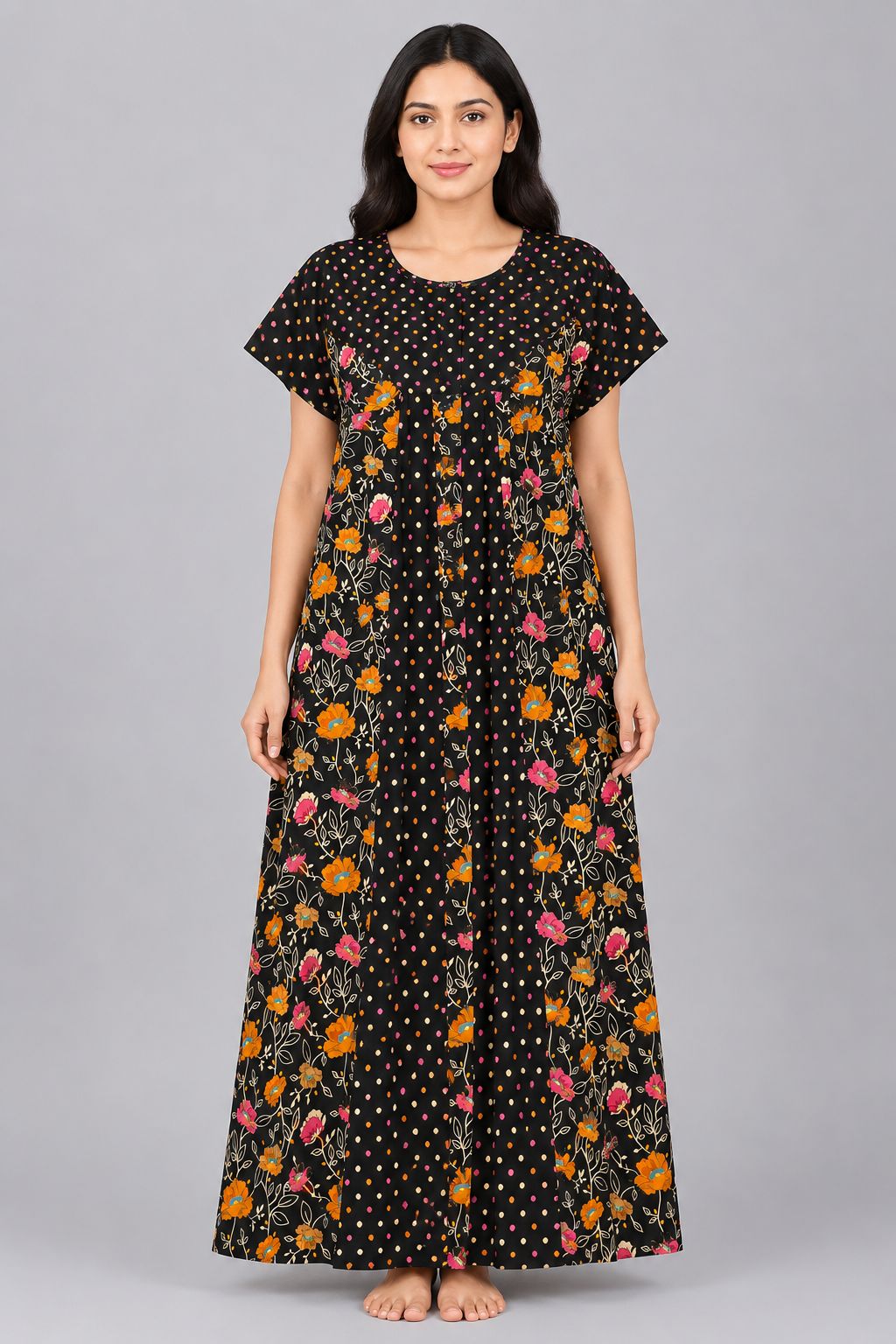 Women's Black Geometric Print Collared Maxi Nighty Soft Cotton