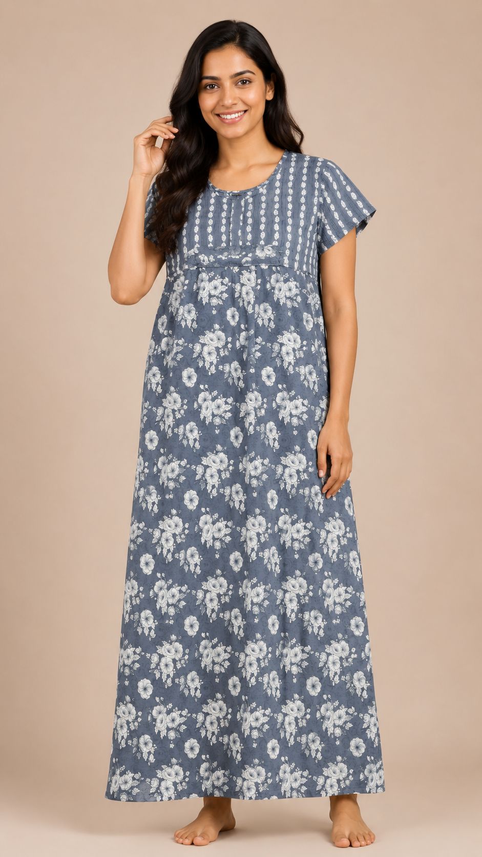 Women's dark grey Floral Print Yoke Maxi Nighty Soft Cotton