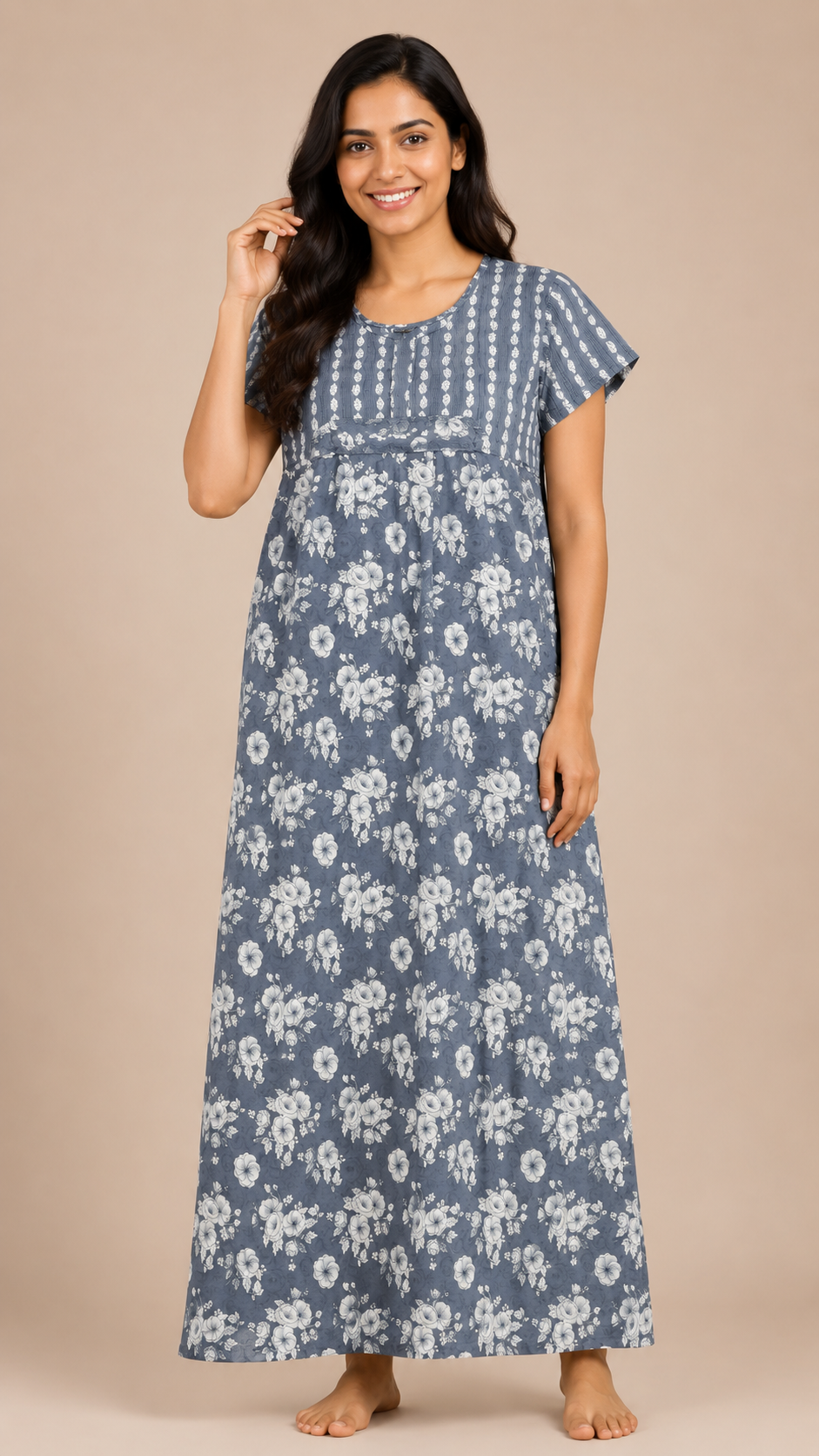 Women's dark grey Floral Print Yoke Maxi Nighty Soft Cotton