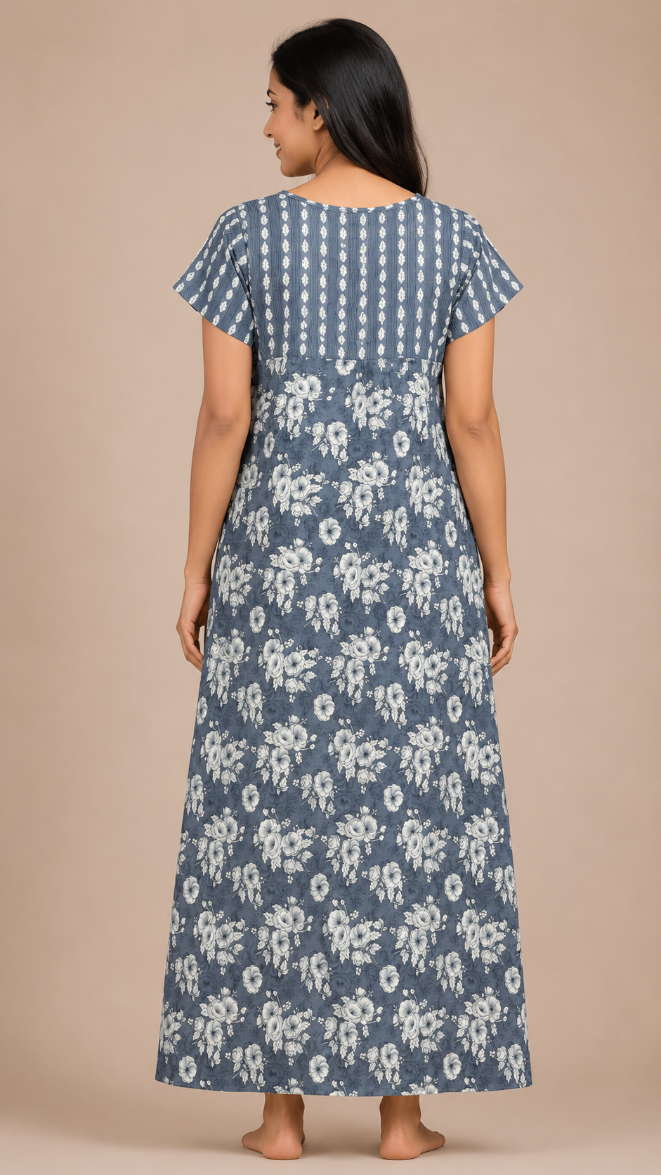 Women's dark grey Floral Print Yoke Maxi Nighty Soft Cotton