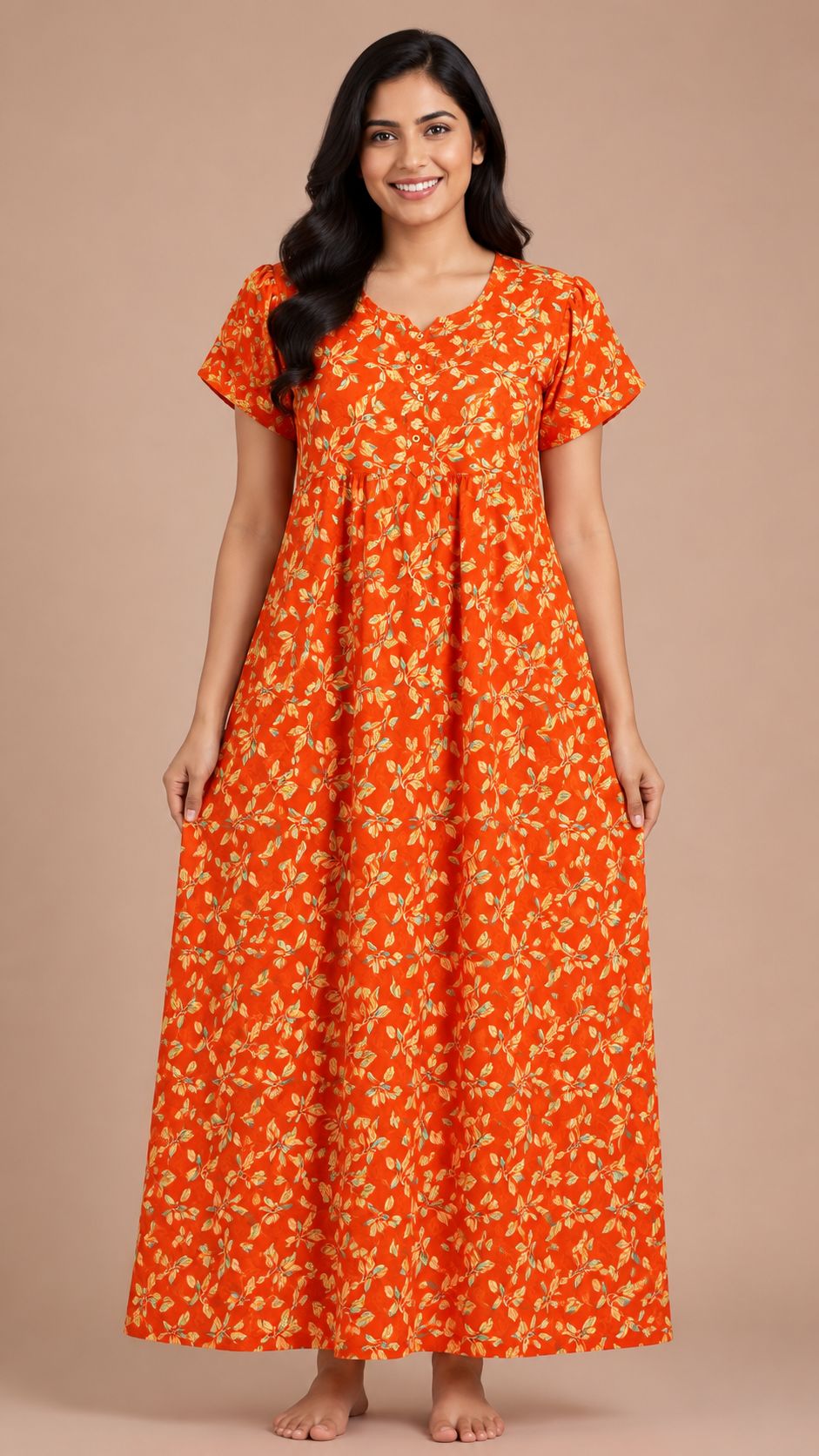 Women's Maroon Floral Print Maxi Nighty Soft Cotton Front Open