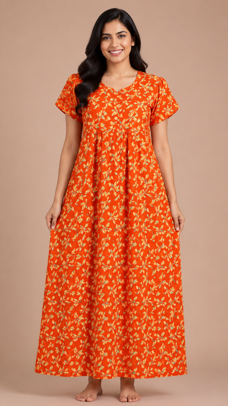 Women's Maroon Floral Print Maxi Nighty Soft Cotton Front Open