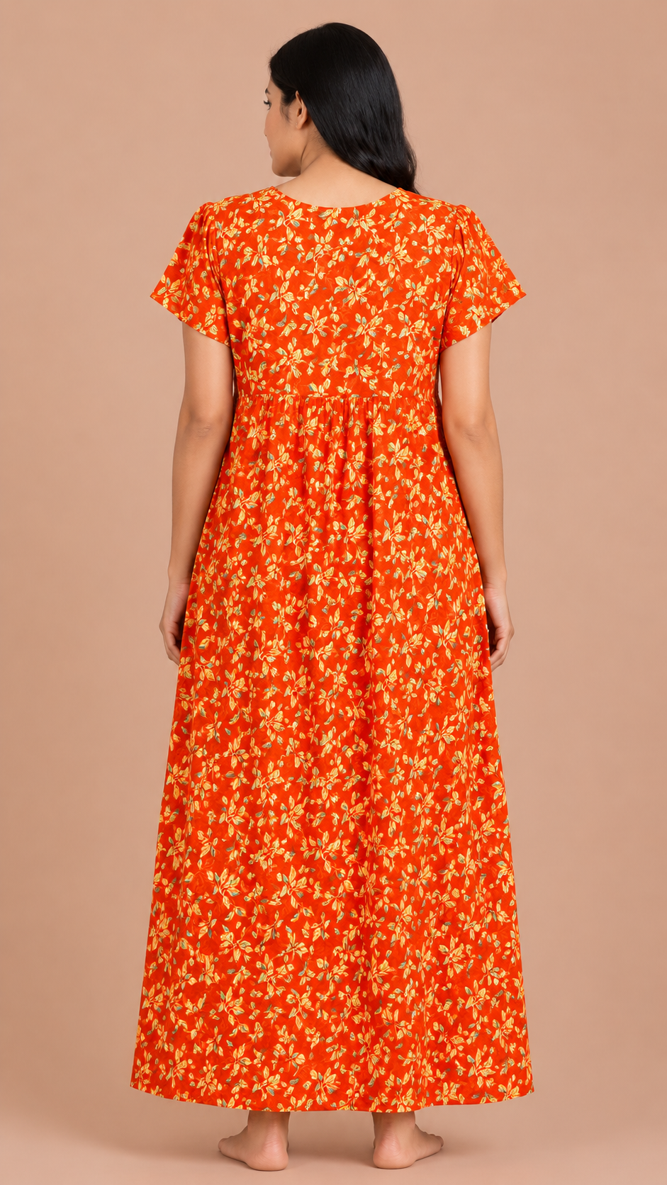 Women's Maroon Floral Print Maxi Nighty Soft Cotton Front Open