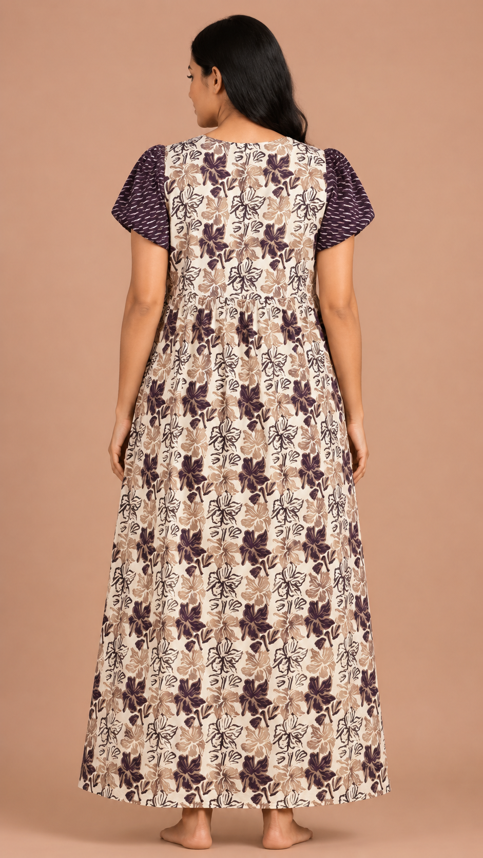 Women's cream/ Purple Panel Print Maxi Nighty Soft Cotton