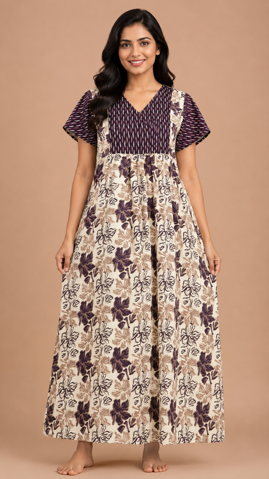 Women's cream/ Purple Panel Print Maxi Nighty Soft Cotton