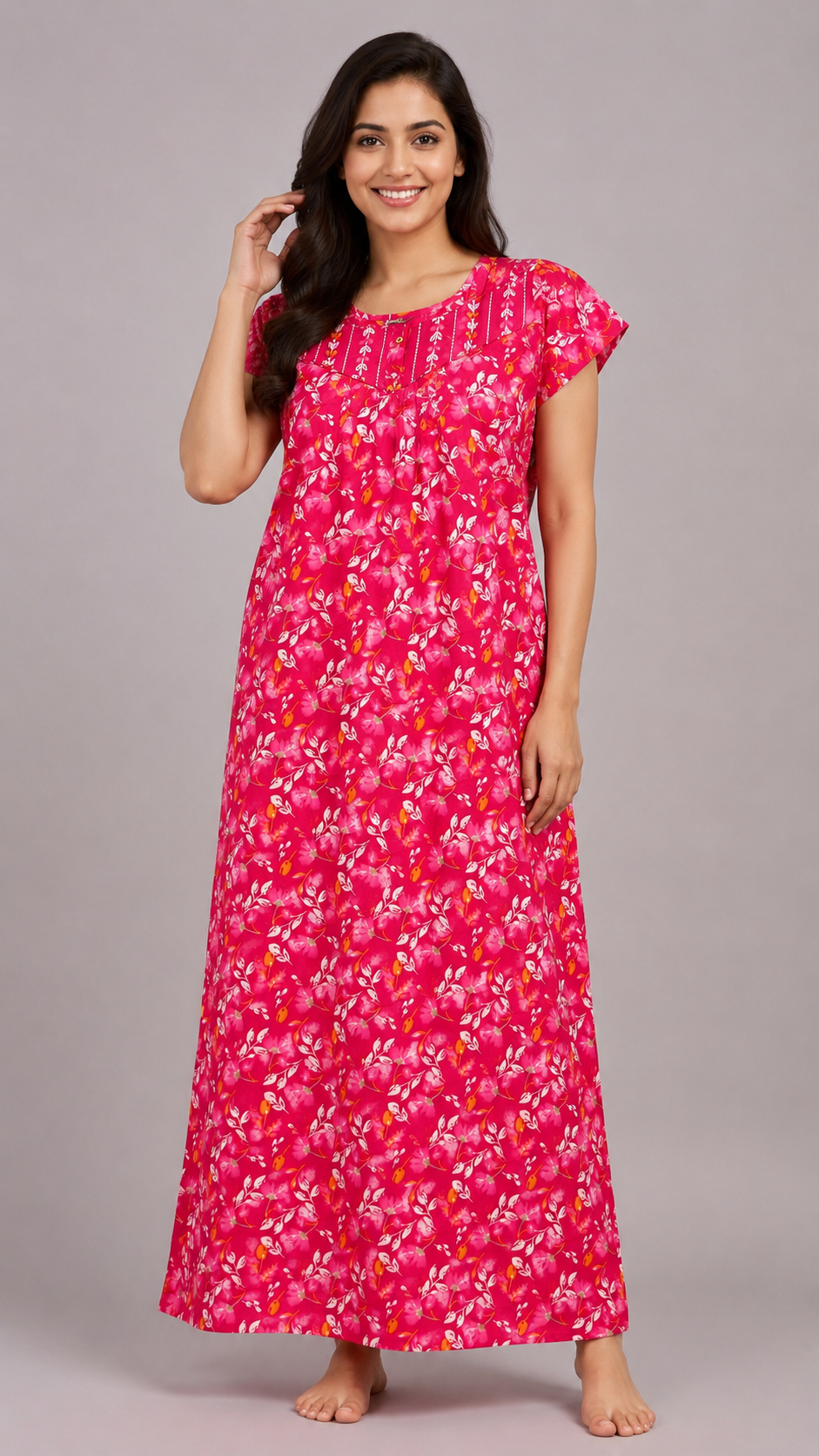 Women's Magenta Floral Print Maxi Nighty cotton Fabric