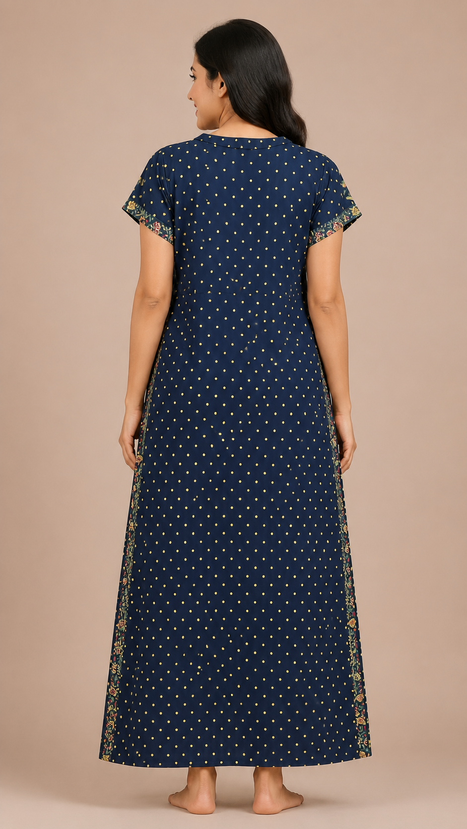 Women's Navy Blue Floral Print Collared Maxi Nighty cotton Fabric