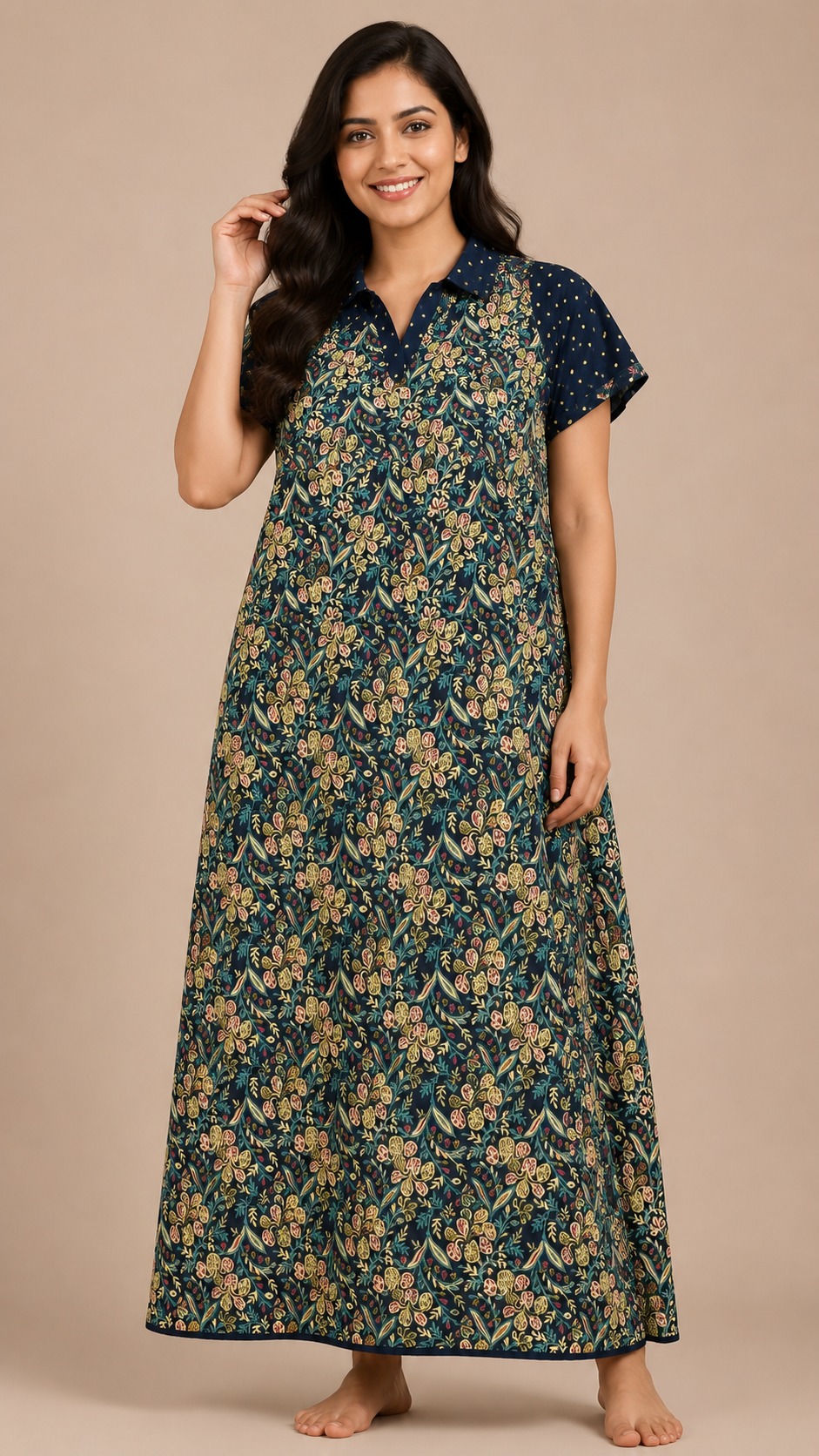 Women's Navy Blue Floral Print Collared Maxi Nighty cotton Fabric
