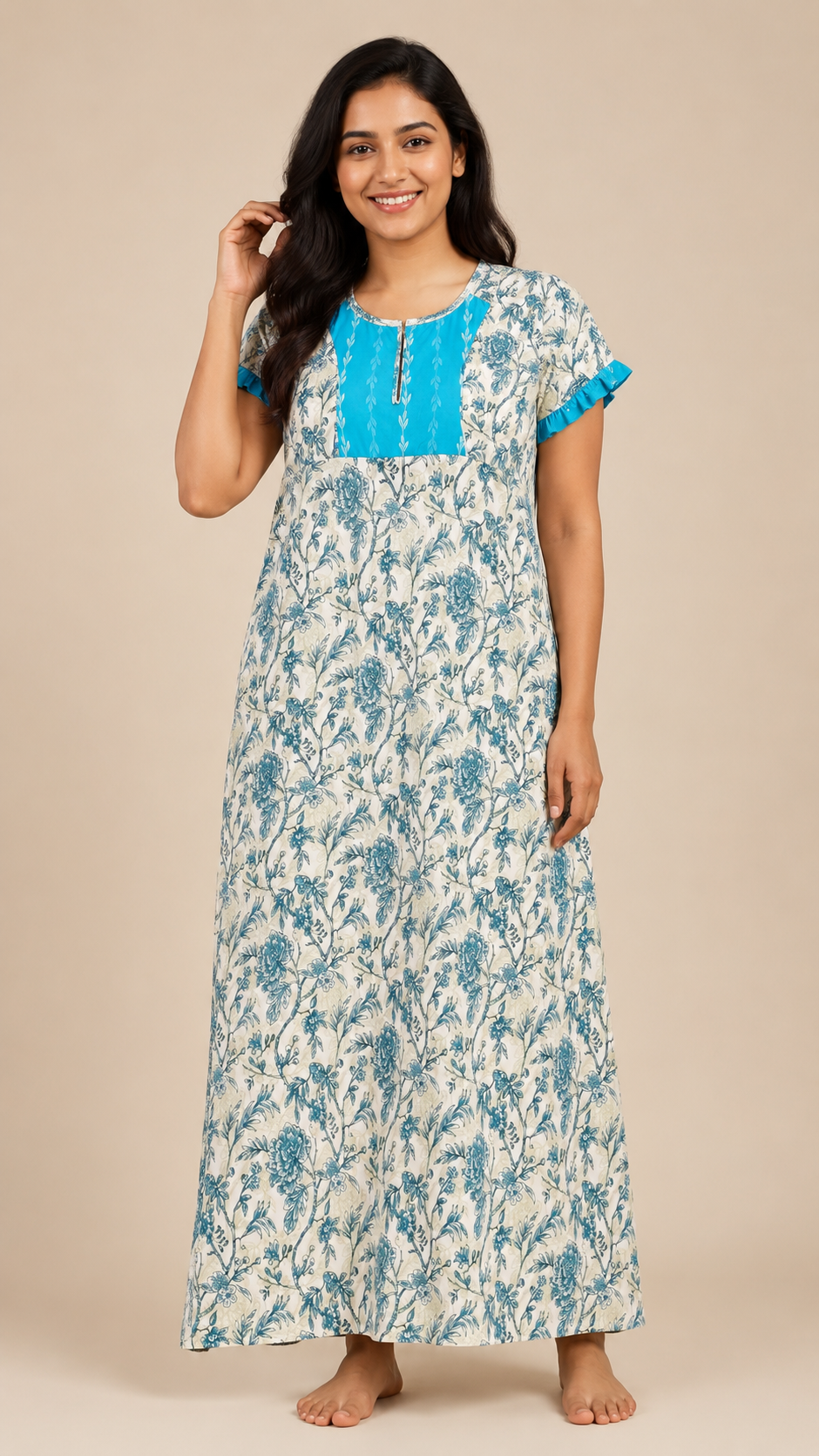 Women's Cream Teal Floral Print Maxi Nighty cotton Fabric Front Zip