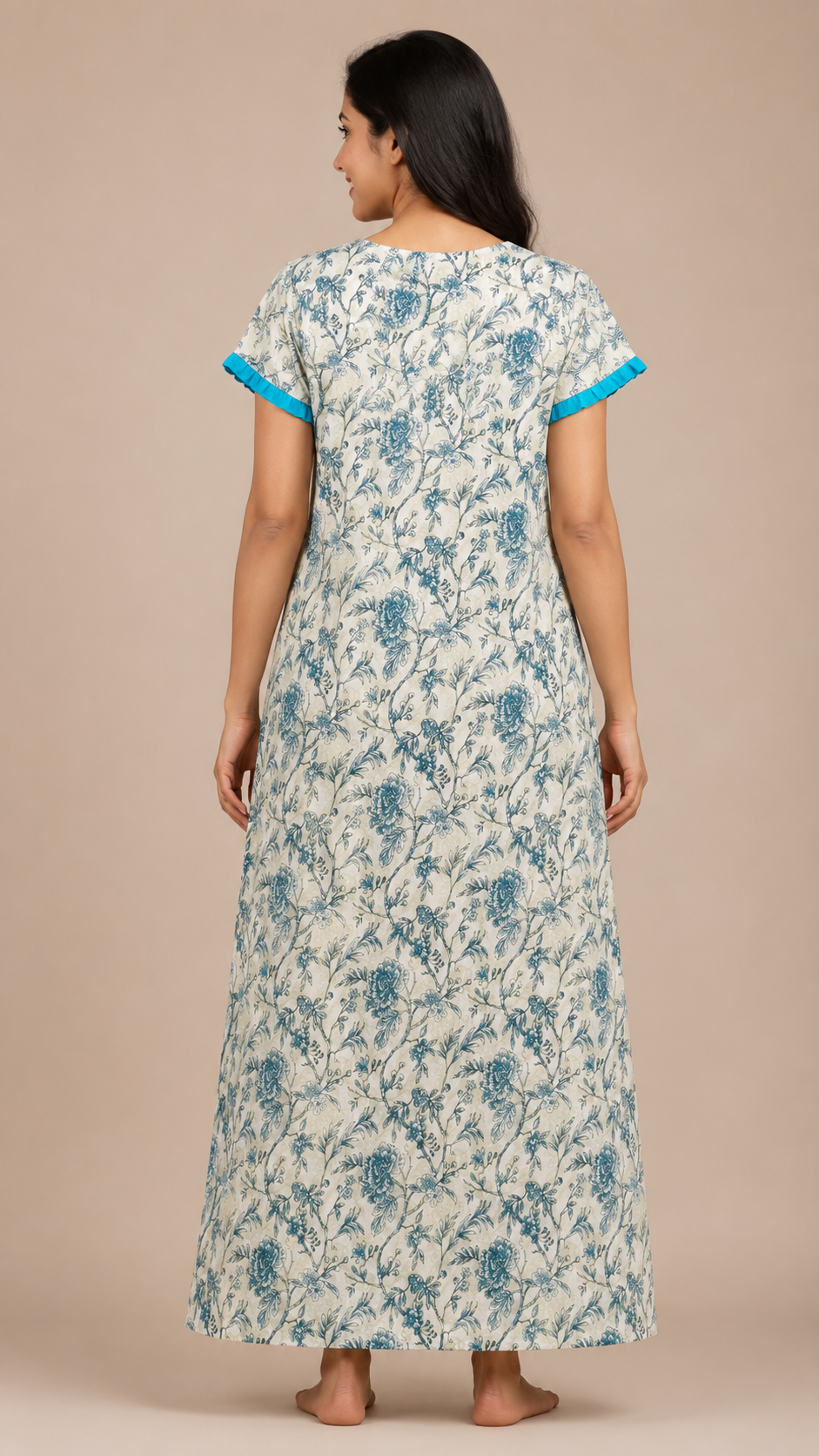 Women's Cream Teal Floral Print Maxi Nighty cotton Fabric Front Zip